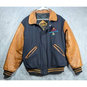 Vintage David Sunflower Seeds Varsity Wool Jacket Medium Blue Premium Leather